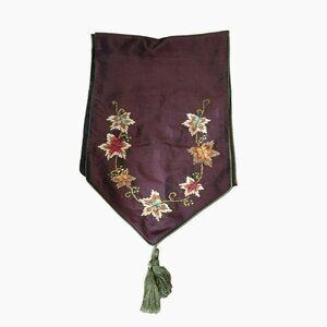 Vintage Embroidered Satin Table Runner With Tassels, 70x14, Brown Green Gold